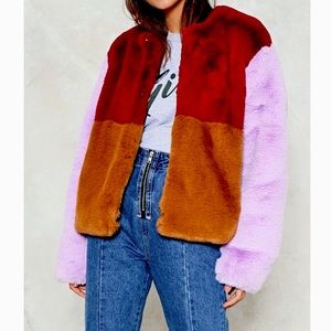 Nasty Gal Colorblock Faux Fur Coat